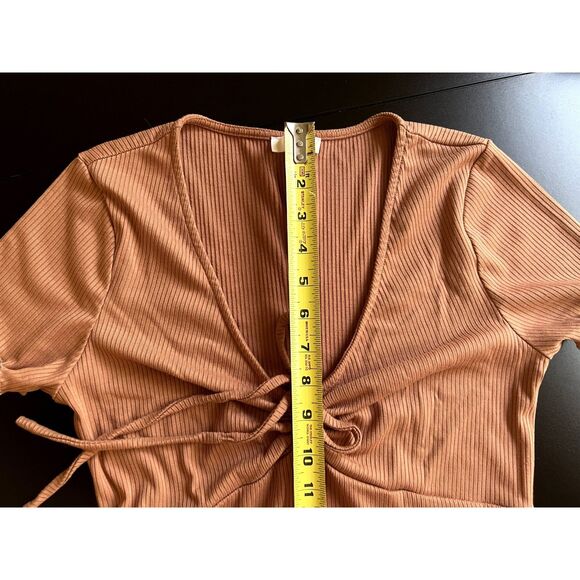 BP Tie Front Lettuce Edge Mini Dress, Tan Color Women Size M, Rib Knit Dress - Picture 9 of 13